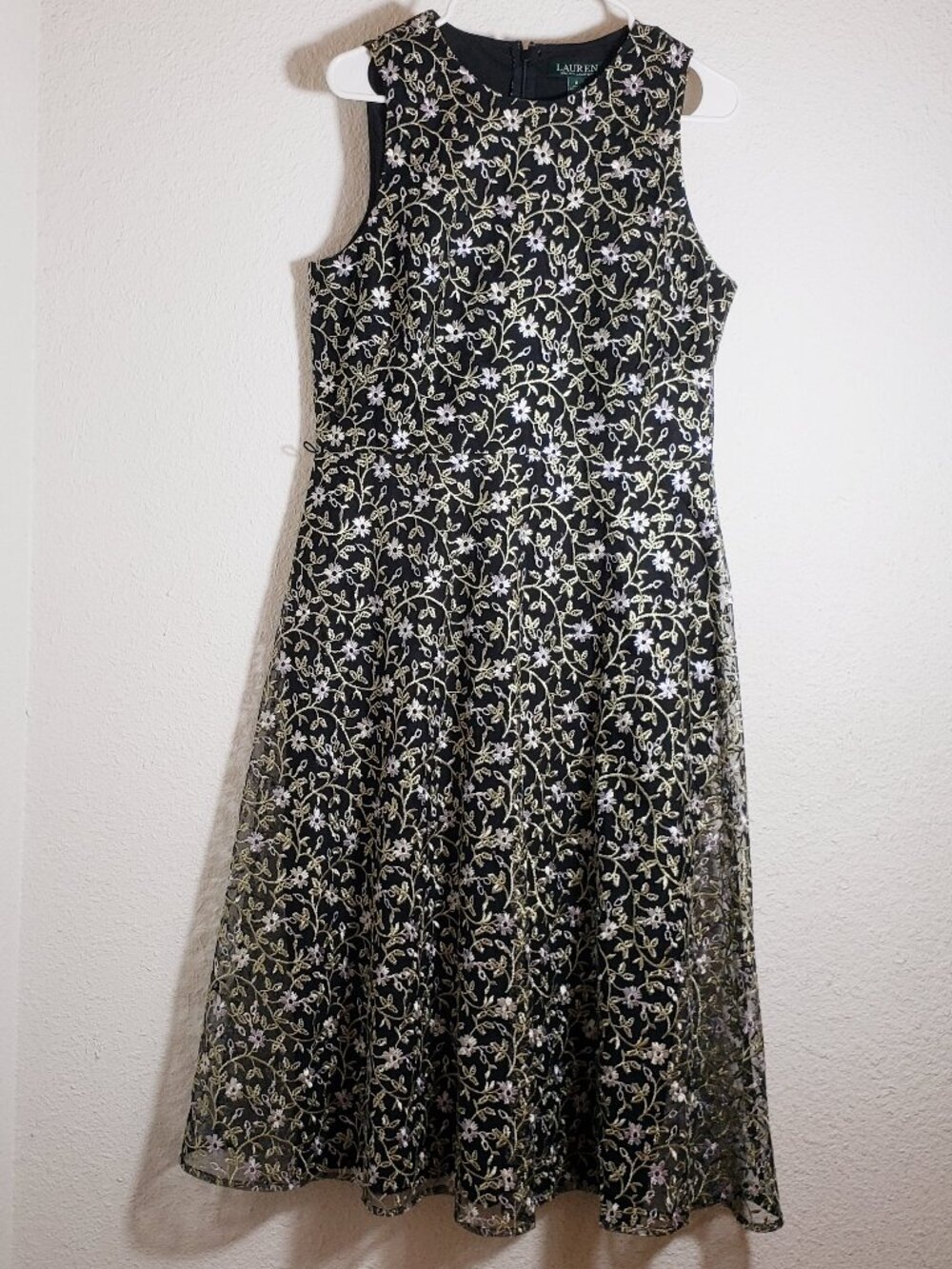 LAUREN RALPH LAUREN 8 Black Sheer Embroidered Overlay Dress